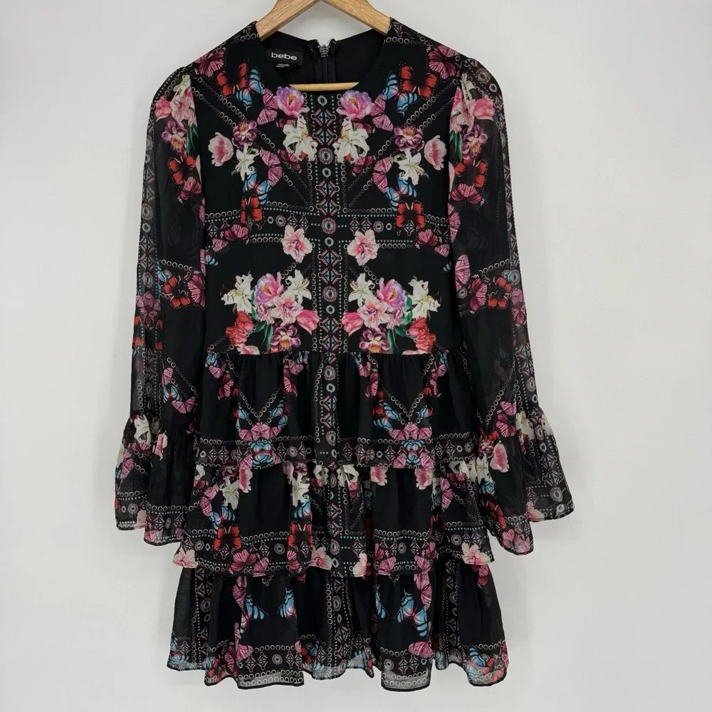 Bebe Bell Sleeve Dress Women's Small Black Pink Floral Chiffon Clara‎ Ruffle